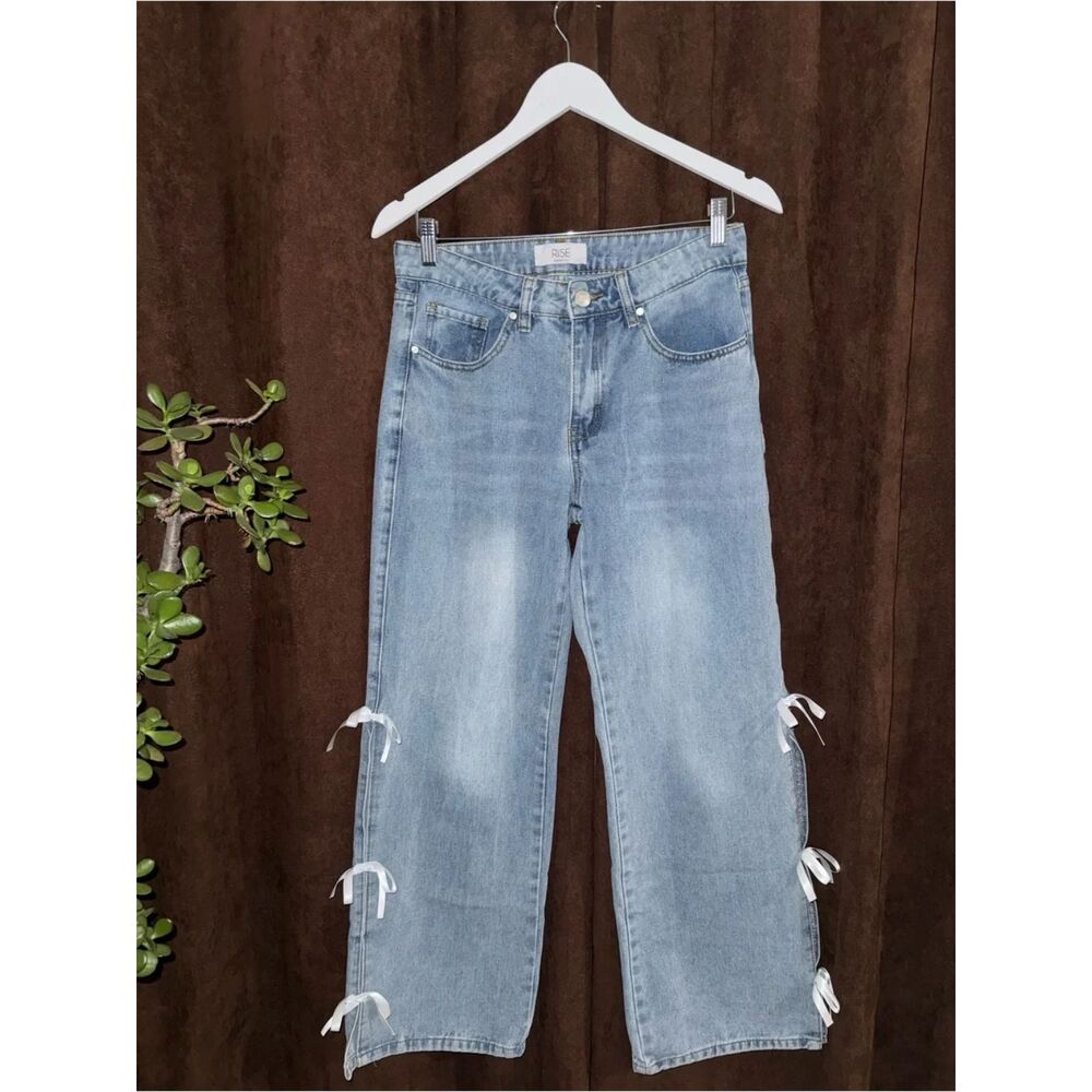 RISE Supply Co. Wide Leg Light Wash with White Bow Details